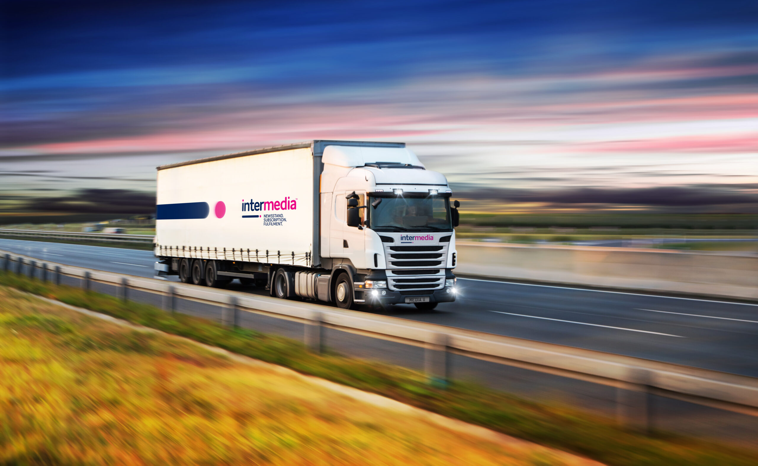 Truck with container on road, cargo transportation concept.