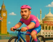 Animated image of man on bike with London landmarks in the background