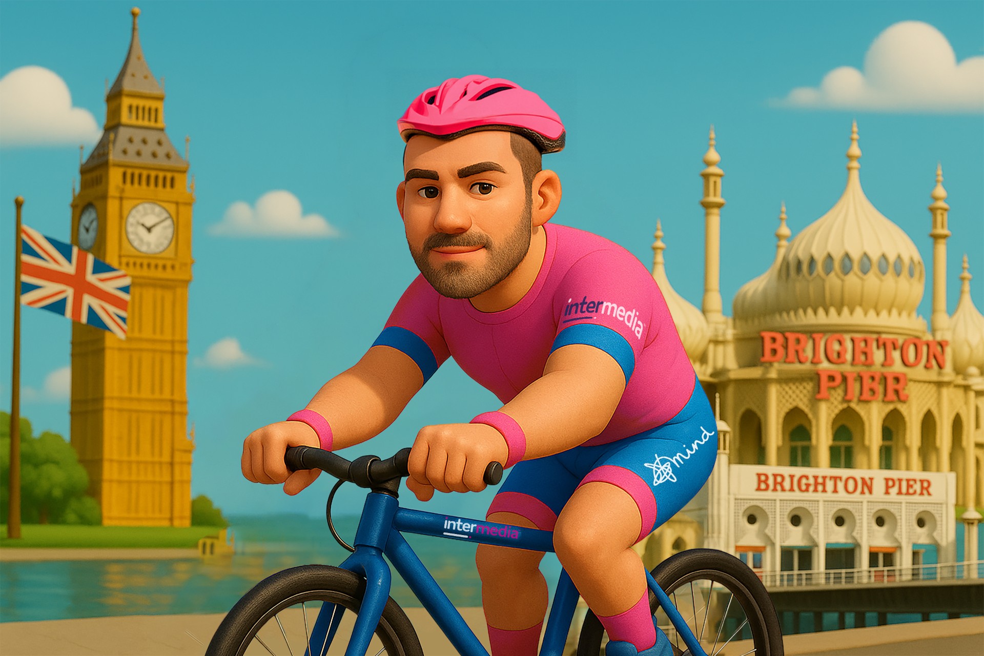 Animated image of man on bike with London landmarks in the background